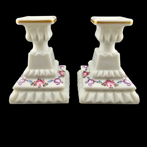 Westmoreland Other - Westmoreland Milk Glass Hand-Painted Floral Candlestick Holders READ